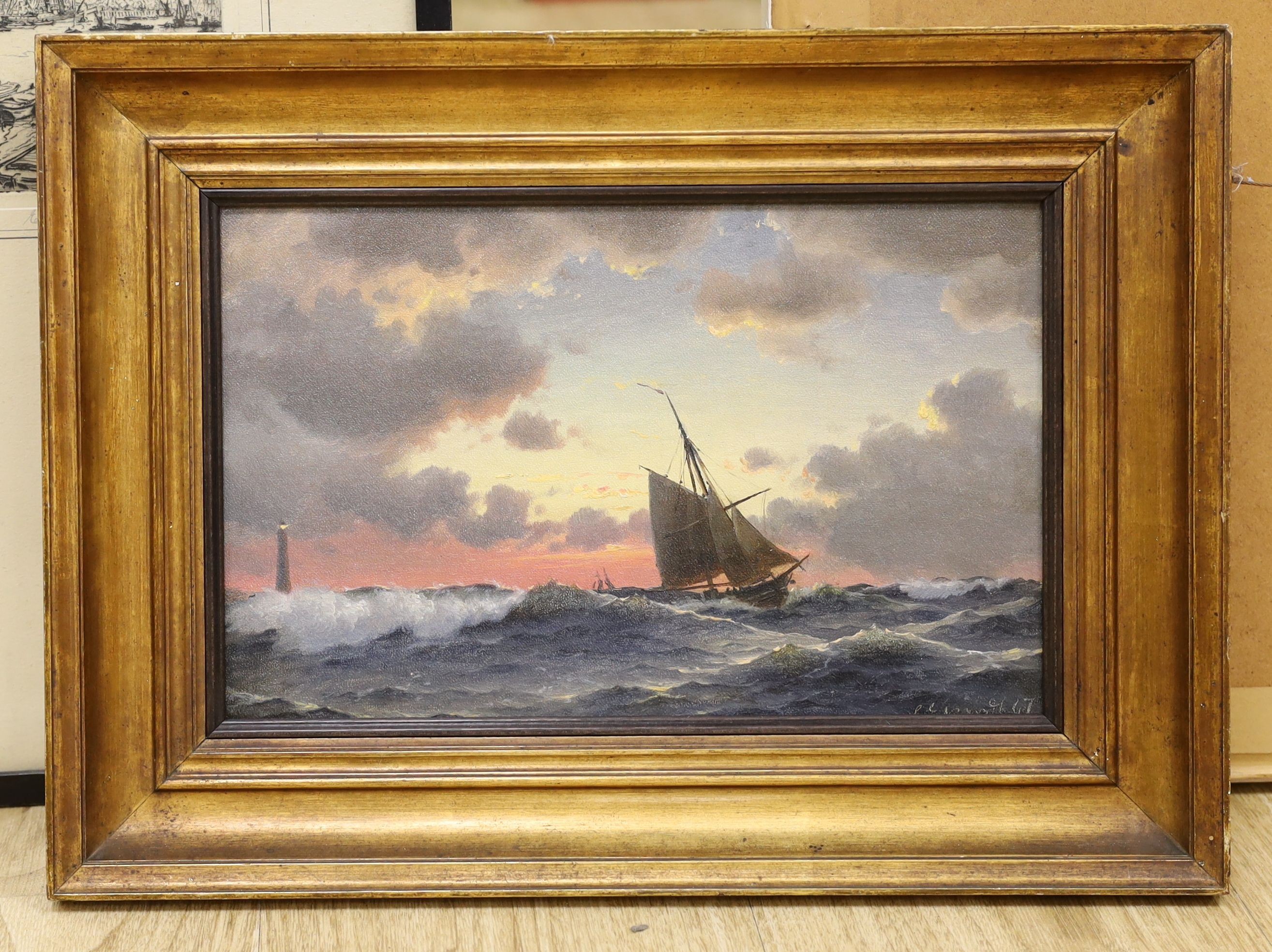 Christian Eckhardt (1832-1914), oil on canvas, Off Skagen at Sunset, signed and dated 1867, 20 x 31cm